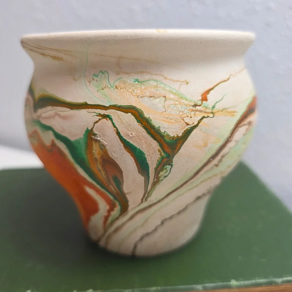 Nemadji Pottery Marbled Clay Vase Green Orange Tan Swirl USA‎ Made MCM Decor